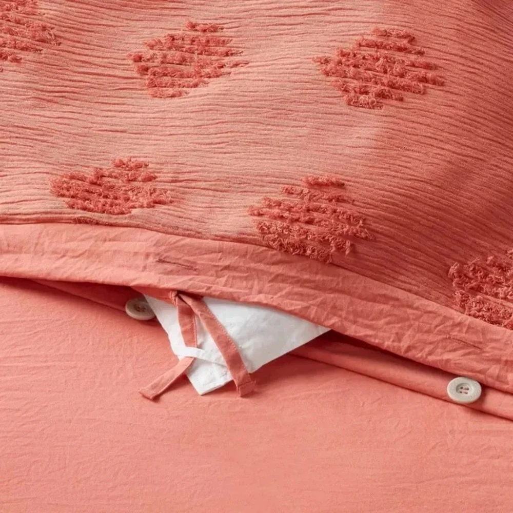 King Threshold Tufted Diamond Crinkle Duvet Cover and Sham Set - Melon Pink